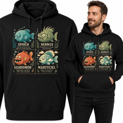 Bluza męska z kapturem - cztery śmieszne ryby Śpioch, Nerwus, Głodomór i Marzyciel