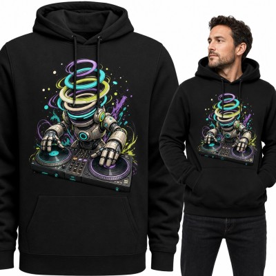 Bluza męska z kapturem - robot DJ z neonowymi pierścieniami przy gramofonach