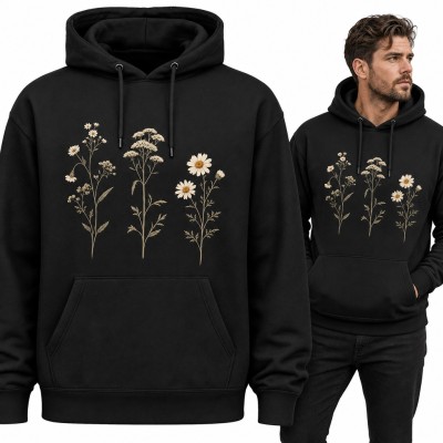 Bluza męska z kapturem - polne kwiaty rumianek i krwawnik w stylu botanicznym