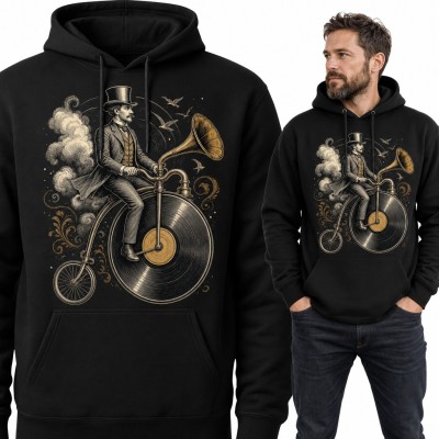 Bluza męska z kapturem - dżentelmen na bicyklu z płytą winylową i gramofonem