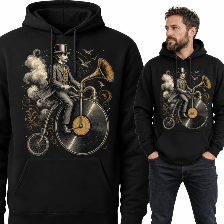 Bluza męska z kapturem - dżentelmen na bicyklu z płytą winylową i gramofonem