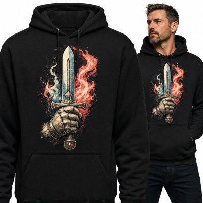 Bluza męska z kapturem - płonący miecz w rycerskiej rękawicy