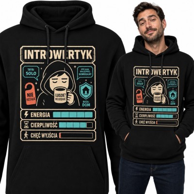 Bluza męska z kapturem „Introwertyk” - karta postaci ze statystykami i kubkiem kawy