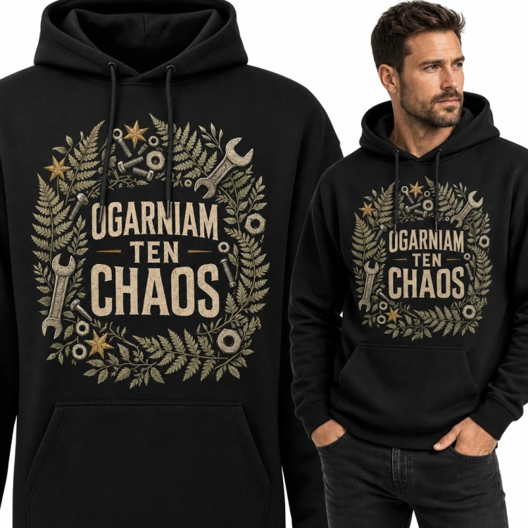 Bluza męska z kapturem „Ogarniam ten chaos” - klucze i śruby w wieńcu z paproci dla majsterkowicza