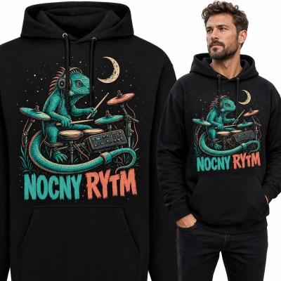 Bluza męska z kapturem - legwan perkusista przy elektronicznej perkusji „Nocny rytm”