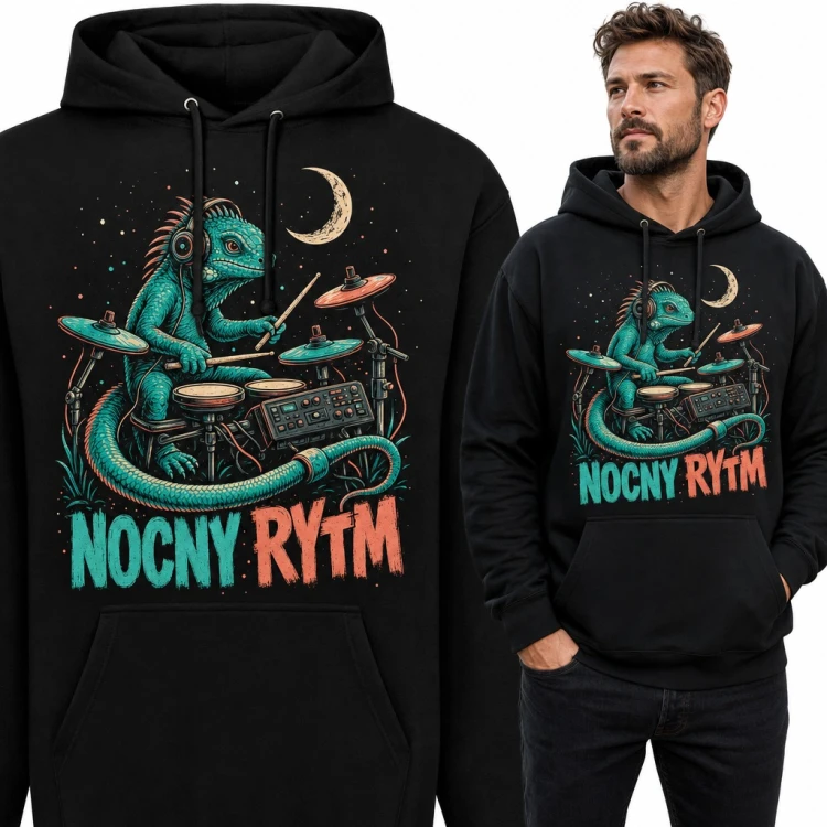 Bluza męska z kapturem - legwan perkusista przy elektronicznej perkusji „Nocny rytm”