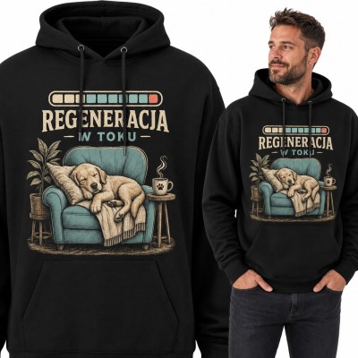 Bluza męska z kapturem - „Regeneracja w toku” śpiący pies na fotelu
