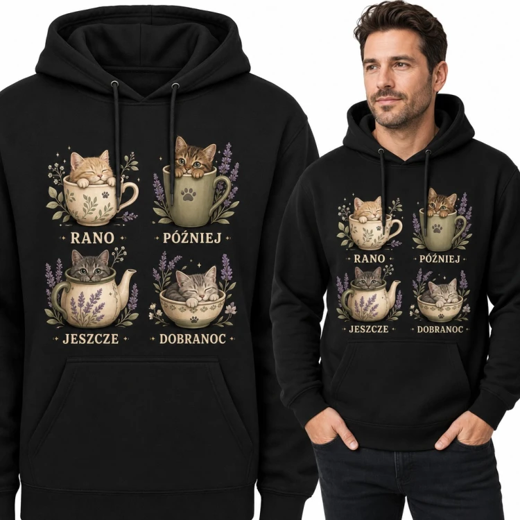 Bluza męska z kapturem - śpiące kotki w filiżankach od rana do dobranoc