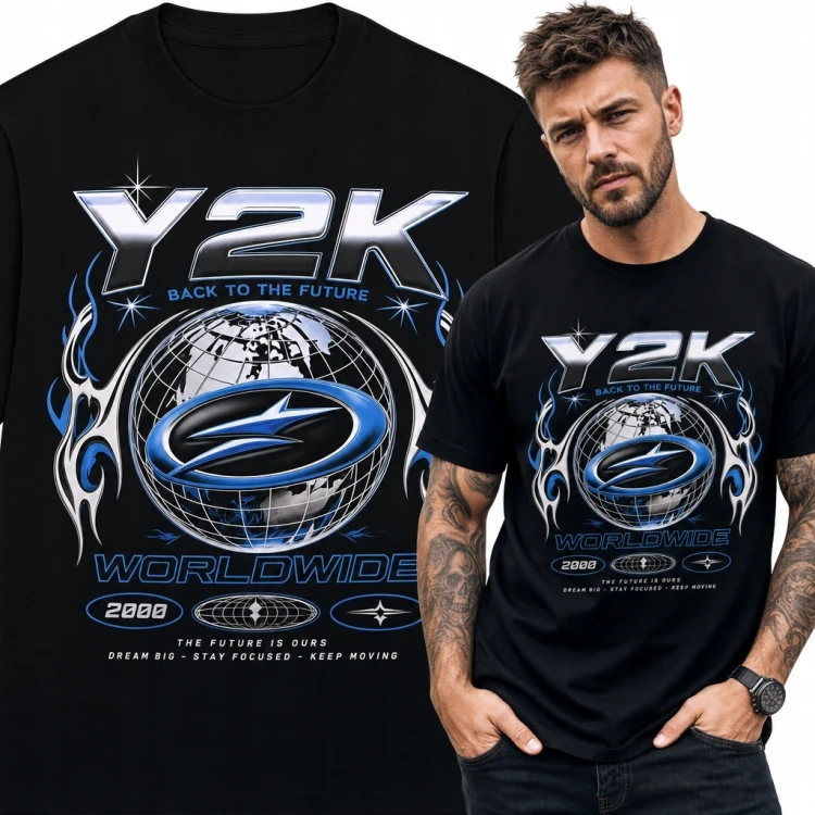 Koszulka męska „Y2K” - retrofuturystyczny glob i chromowany tribal