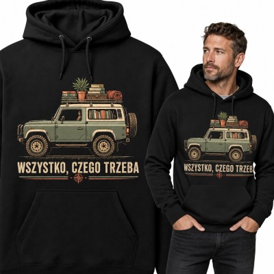 Bluza męska z kapturem - terenówka z książkami na dachu „Wszystko, czego trzeba”