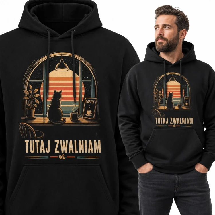 Bluza męska z kapturem - kot w kawiarni przy oknie i napis „Tutaj zwalniam”