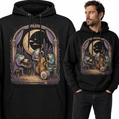 Bluza męska z kapturem - jazzowy zespół ryb pod półksiężycem