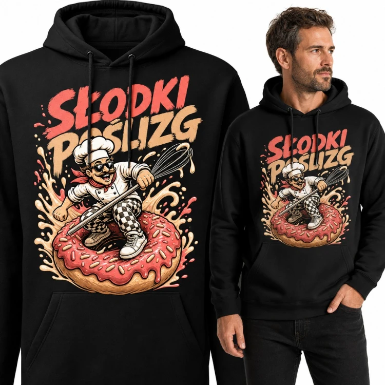 Bluza męska z kapturem - „Słodki poślizg” cukiernik surfujący na pączku