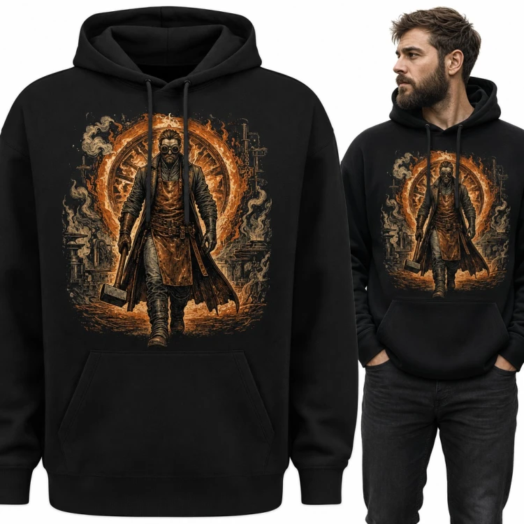 Bluza męska z kapturem - kowal z młotem w płomieniach kuźni steampunk