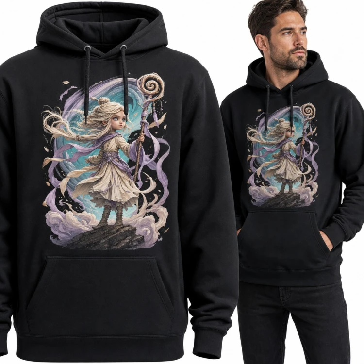 Bluza męska z kapturem - młoda czarodziejka z laską spiralną w magicznym wirze