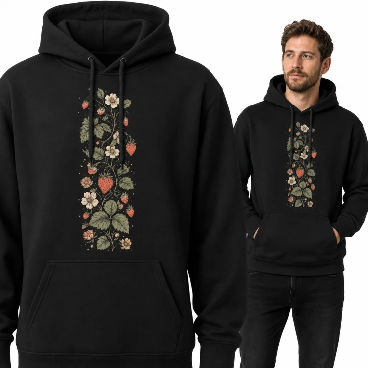 Bluza męska z kapturem - pionowy pas truskawek i kwiatów w stylu vintage