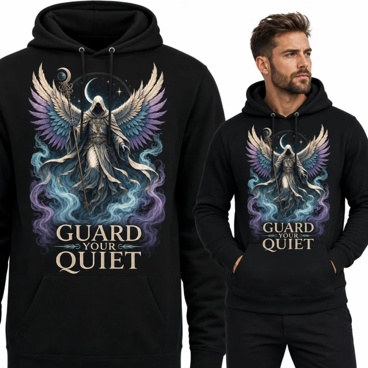 Bluza męska z kapturem - zakapturzony anioł z laską i półksiężycem „Guard your quiet”