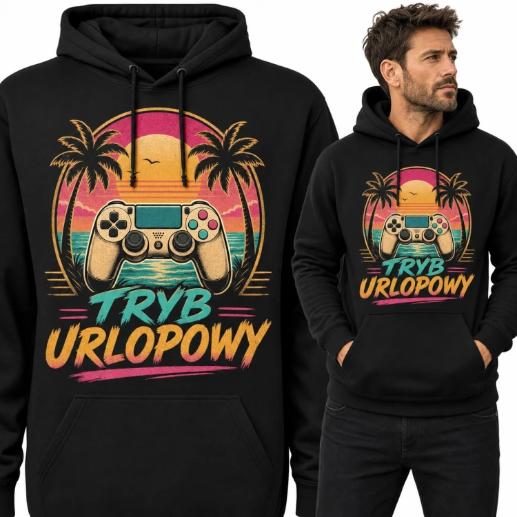 Bluza męska z kapturem - pad do gier i palmy „Tryb urlopowy” dla gracza
