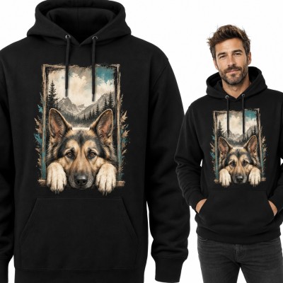 Bluza męska z kapturem - owczarek niemiecki zza ramy z górskim krajobrazem