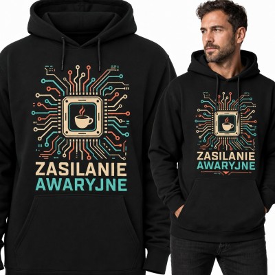 Bluza męska z kapturem „Zasilanie awaryjne” - procesor z kawą dla programisty