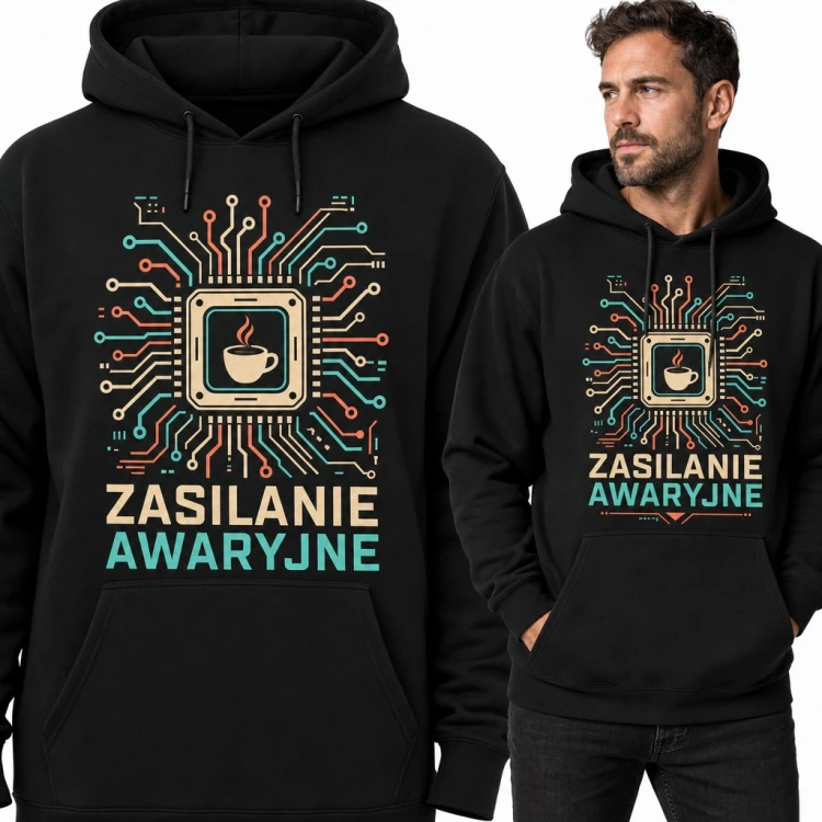 Bluza męska z kapturem „Zasilanie awaryjne” - procesor z kawą dla programisty