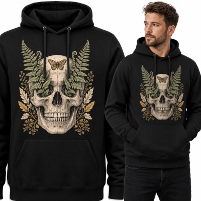 Bluza męska z kapturem - czaszka w paprociach z motylem w stylu botanicznym