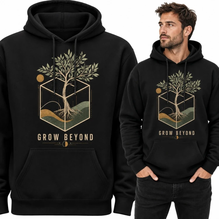 Bluza męska z kapturem - drzewo życia w geometrycznym sześcianie „Grow beyond”