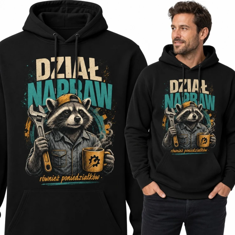 Bluza męska z kapturem - szop mechanik „Dział napraw” z kluczem i kawą