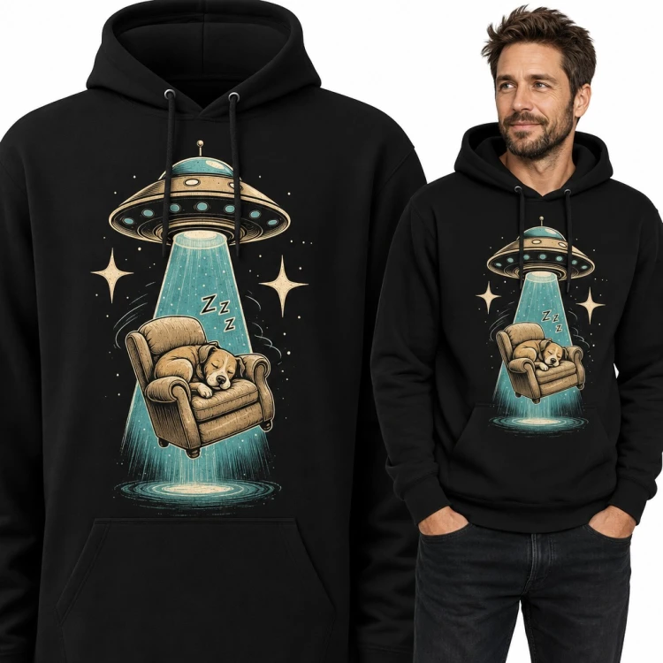 Bluza męska z kapturem - UFO porywające śpiącego psa w fotelu