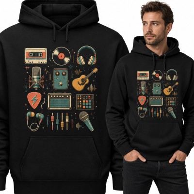 Bluza męska z kapturem - retro sprzęt muzyczny z kasetą, winylem i gitarą dla muzyka