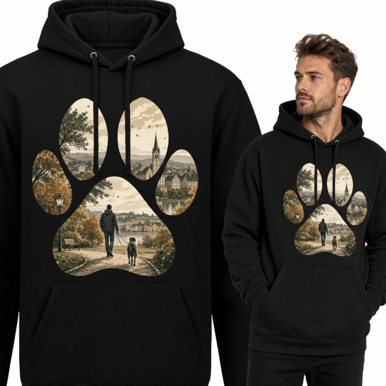 Bluza męska z kapturem - psia łapa z jesiennym spacerem z psem
