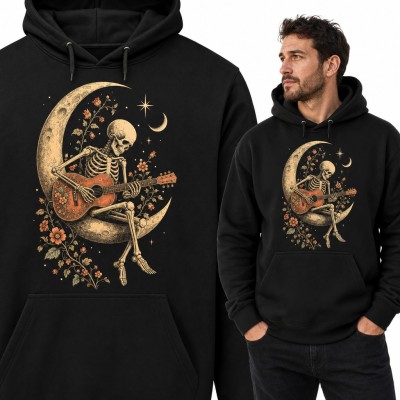 Bluza męska z kapturem - szkielet z gitarą akustyczną na półksiężycu wśród kwiatów