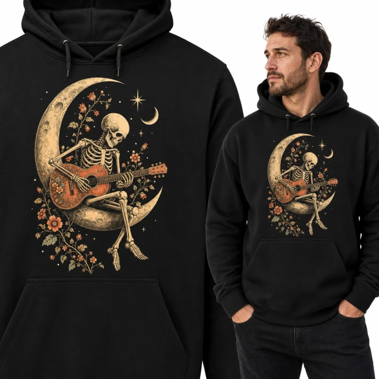 Bluza męska z kapturem - szkielet z gitarą akustyczną na półksiężycu wśród kwiatów