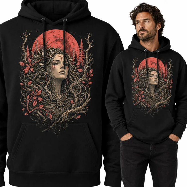 Bluza męska z kapturem - leśna wiedźma z runami na tle krwawego księżyca