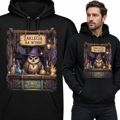 Bluza męska z kapturem - sowa czarodziejka w sklepiku z eliksirami „Zaklęcia na wynos”