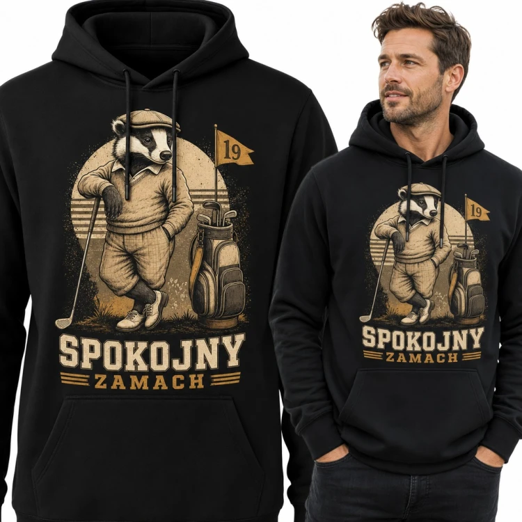 Bluza męska z kapturem - borsuk golfista retro „Spokojny zamach”
