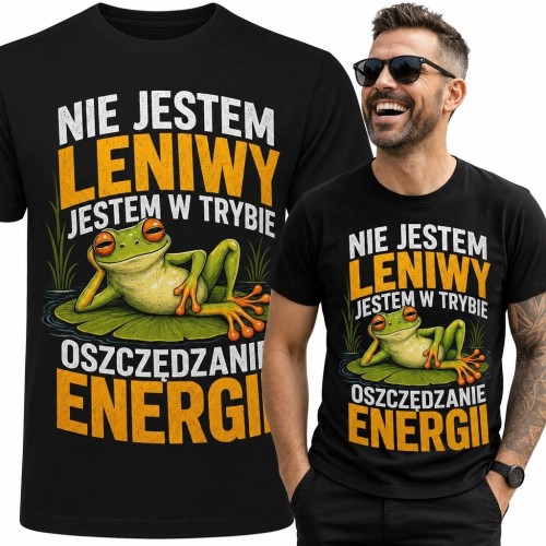 Koszulka męska z żabą „Nie jestem leniwy, jestem w trybie oszczędzania energii” - zabawny nadruk