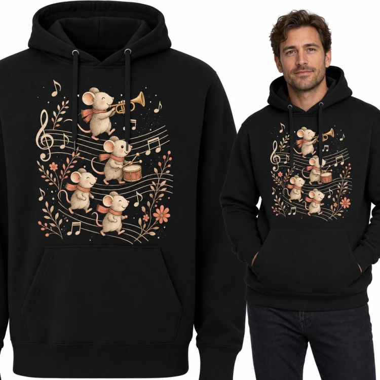 Bluza męska z kapturem - myszki grające na trąbce i bębnie wśród nut