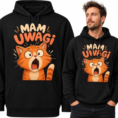 Bluza męska z kapturem - „Mam uwagi” z zdziwionym rudym kotem
