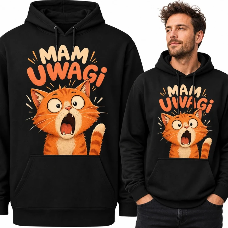 Bluza męska z kapturem - „Mam uwagi” z zdziwionym rudym kotem