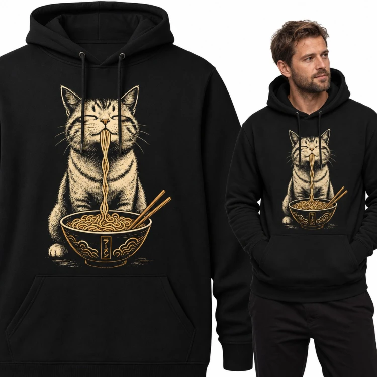 Bluza męska z kapturem - kot jedzący ramen z miski