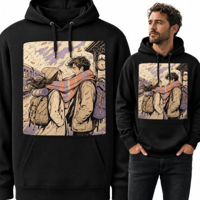 Bluza męska z kapturem - zakochana para z plecakami na peronie dworca