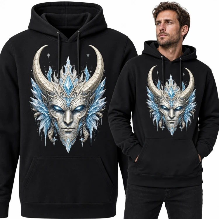 Bluza męska z kapturem - lodowa maska z rogami i kryształami fantasy