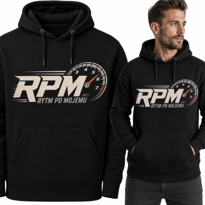 Bluza męska z kapturem - „RPM rytm po mojemu” z obrotomierzem dla fana motoryzacji