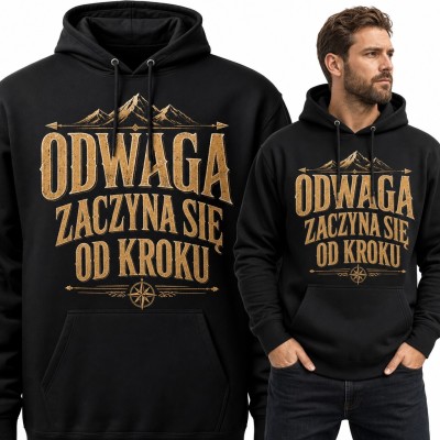 Bluza męska z kapturem „Odwaga zaczyna się od kroku” - góry i róża wiatrów dla turysty