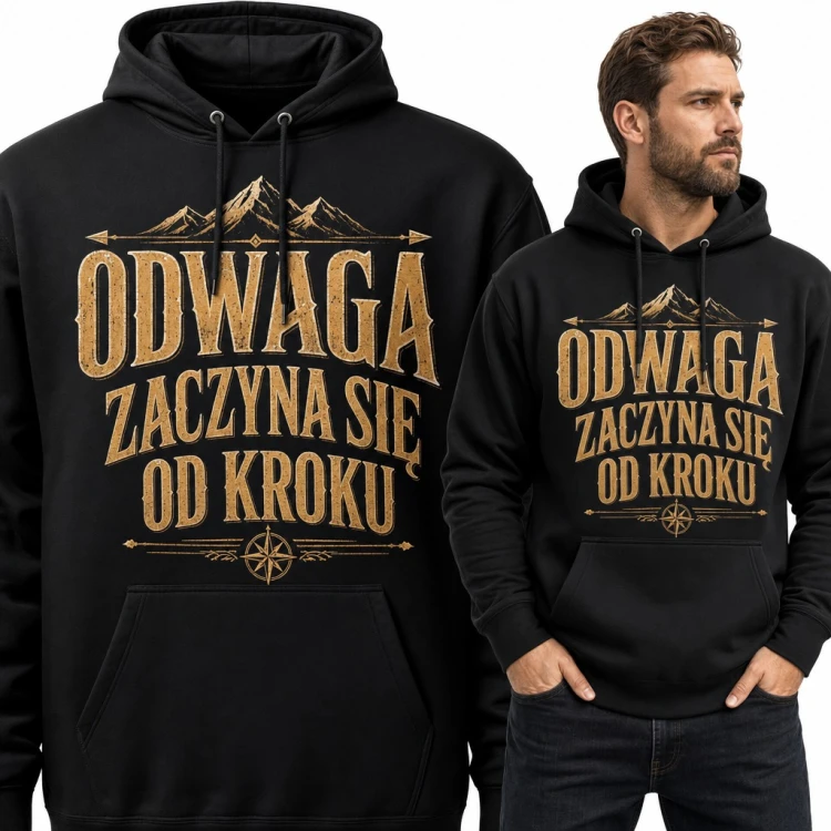 Bluza męska z kapturem „Odwaga zaczyna się od kroku” - góry i róża wiatrów dla turysty