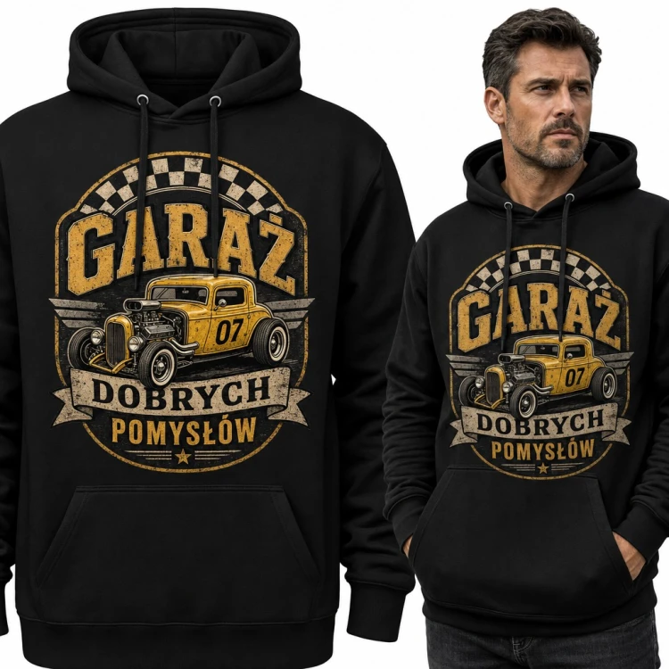 Bluza męska z kapturem „Garaż dobrych pomysłów” - żółty hot rod retro z szachownicą