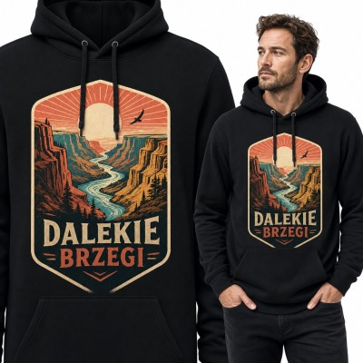Bluza męska z kapturem - kanion z rzeką o zachodzie słońca „Dalekie brzegi”