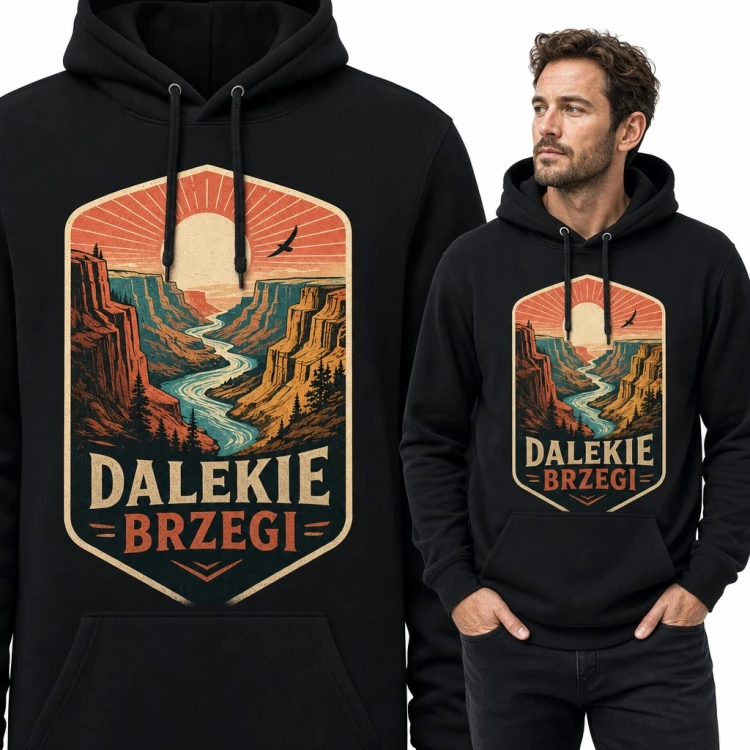 Bluza męska z kapturem - kanion z rzeką o zachodzie słońca „Dalekie brzegi”