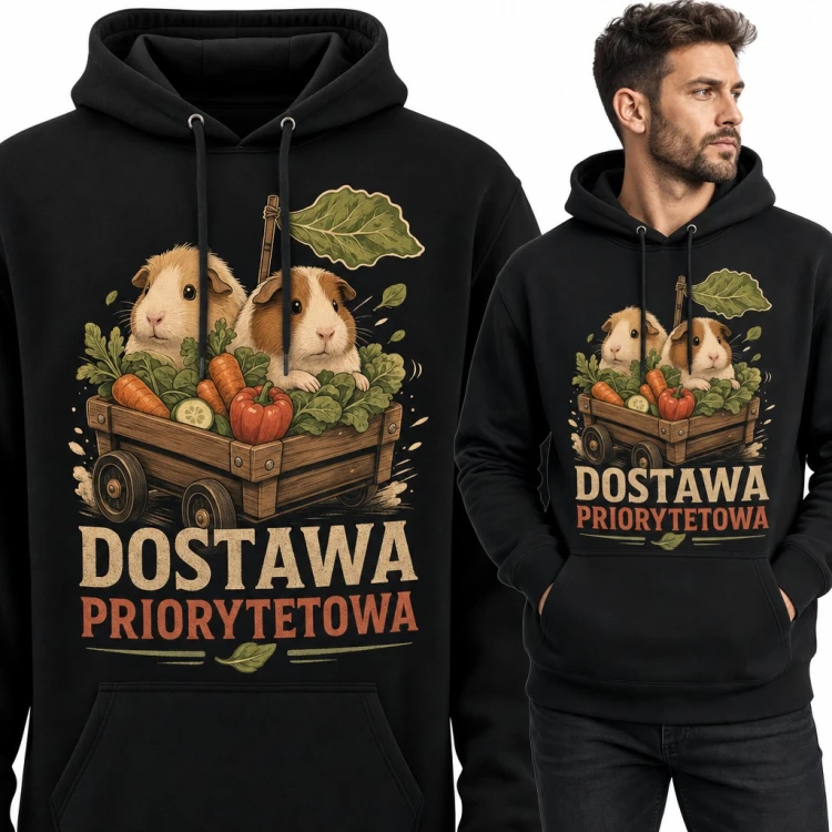 Bluza męska z kapturem - świnki morskie w wózku z warzywami „Dostawa priorytetowa”